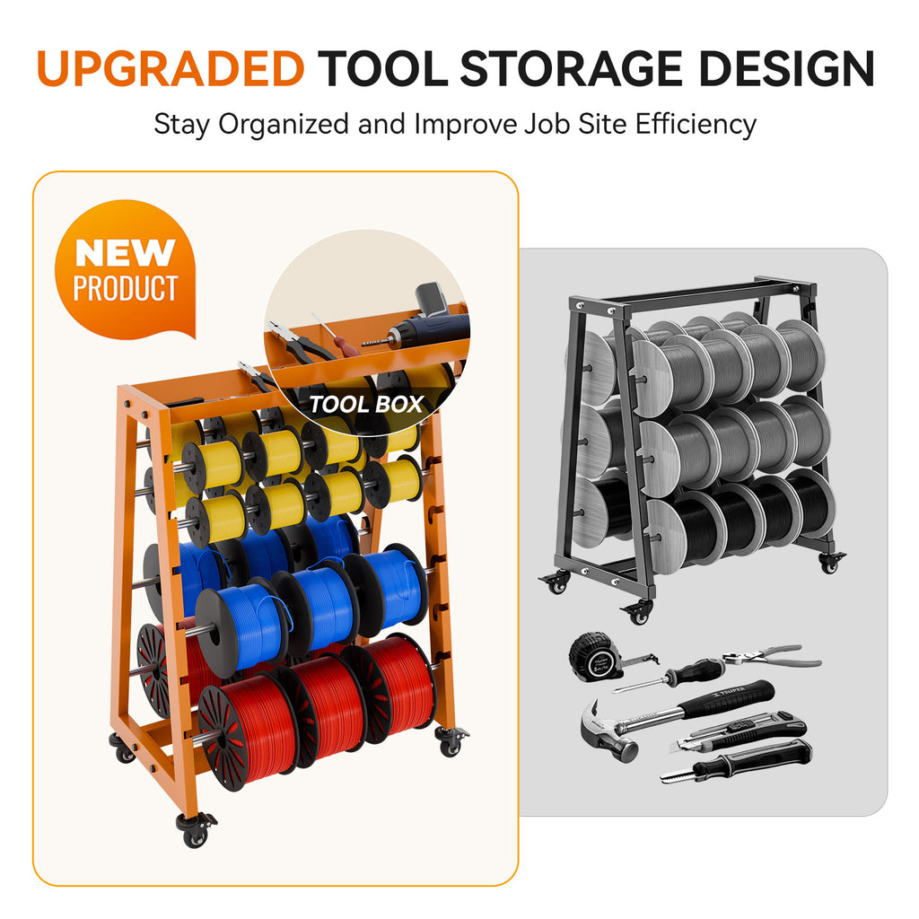 Wire Spool Rack with Tool Box, Heavy Duty 8-Rod Adjustable Cable Dispenser with Locking Wheels, 400LB Capacity Wire Holder Organizer for Electrical, Industrial and Retail Use