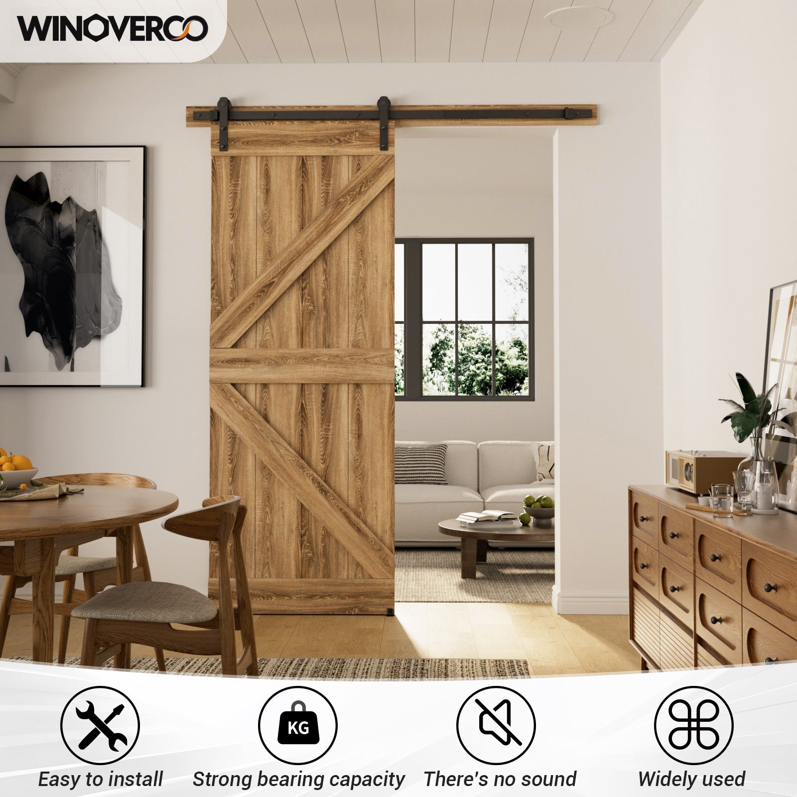 WINOVERCO Sliding Barn Door Hardware Kit with Adjustable U Shape Barn Door Floor Guide, Wall Mount Rail, Splicing Track Kit (Door not Included)