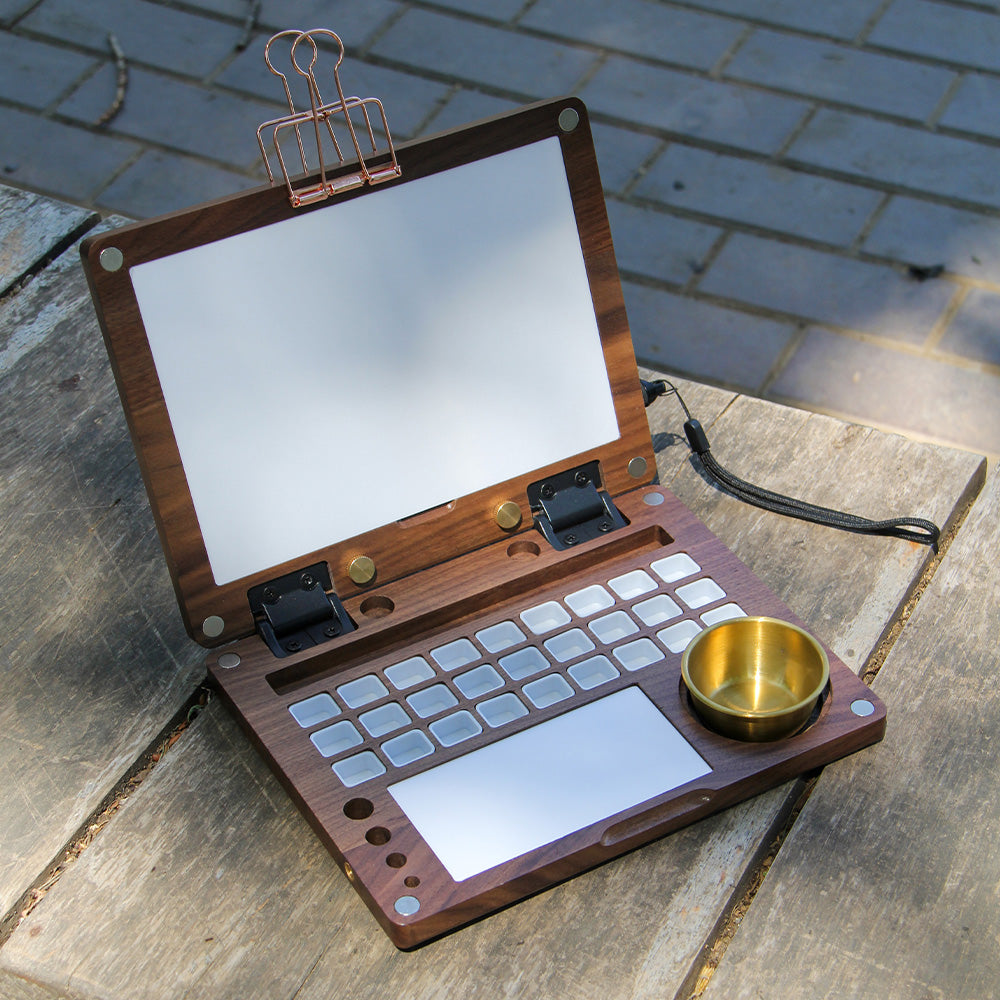27 Grid Portable Black Walnut Wooden Watercolor Palette, Travel Paint Tray with Mixing Area & Brush Wash Canister, Detachable Grid for Multi-Paint, Brown (No Paint & Stand)