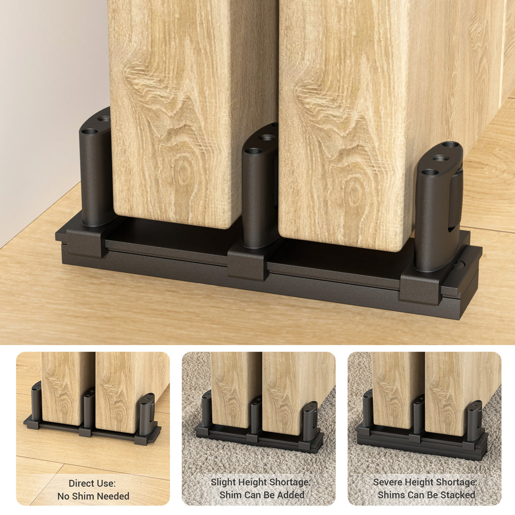 Sliding Closet Door Floor Guide with Riser Plate, Adjustable Bypass Door Guide, Upgraded 3-Roller Design – Black, 1 Pack