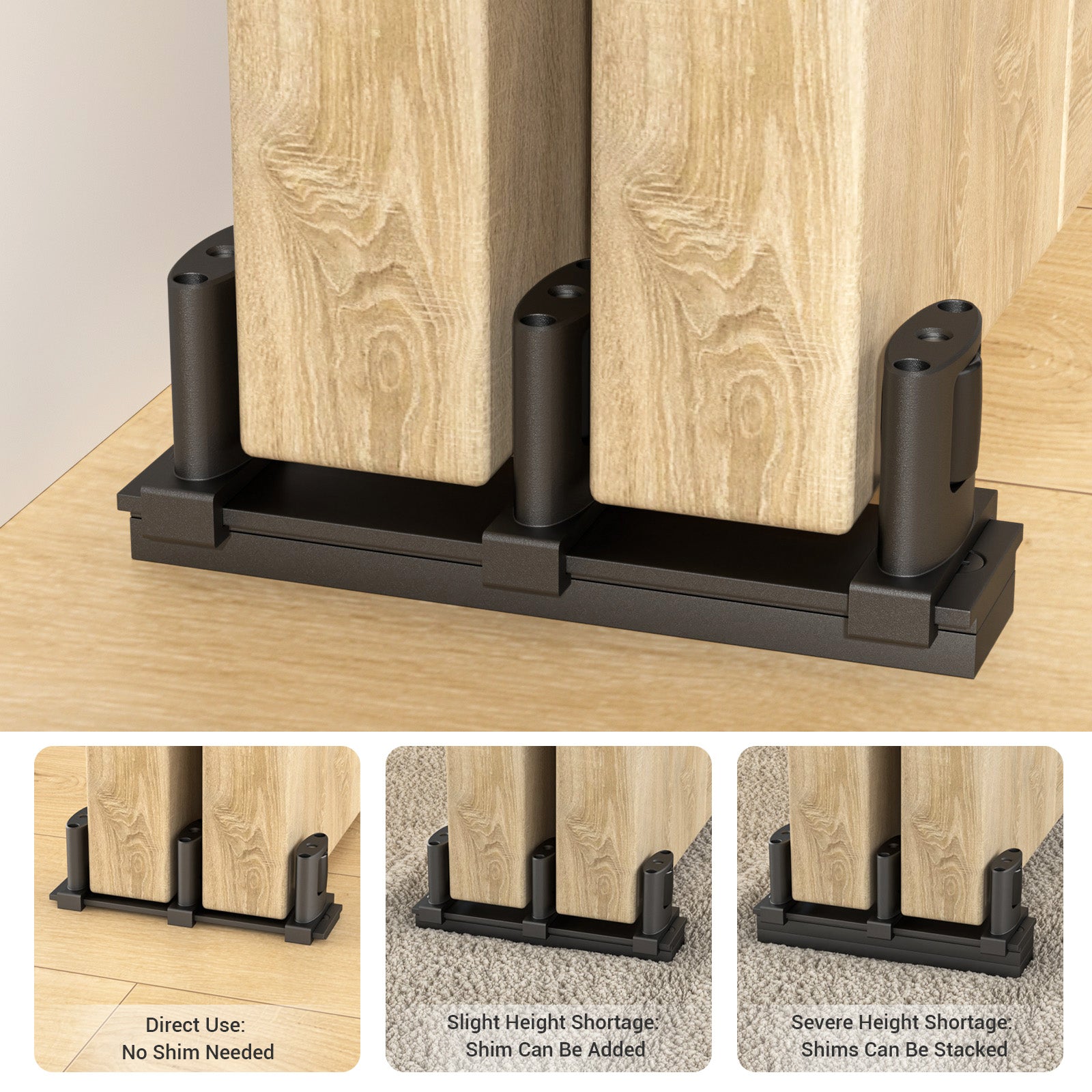 Sliding Closet Door Floor Guide with Riser Plate, Adjustable Bypass Door Guide, Upgraded 3-Roller Design – Black, 1 Pack